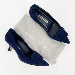 Manolo Blahnik Maysale Navy Blue Suede Buckle Pointed Toe Kitten Heels IT 36